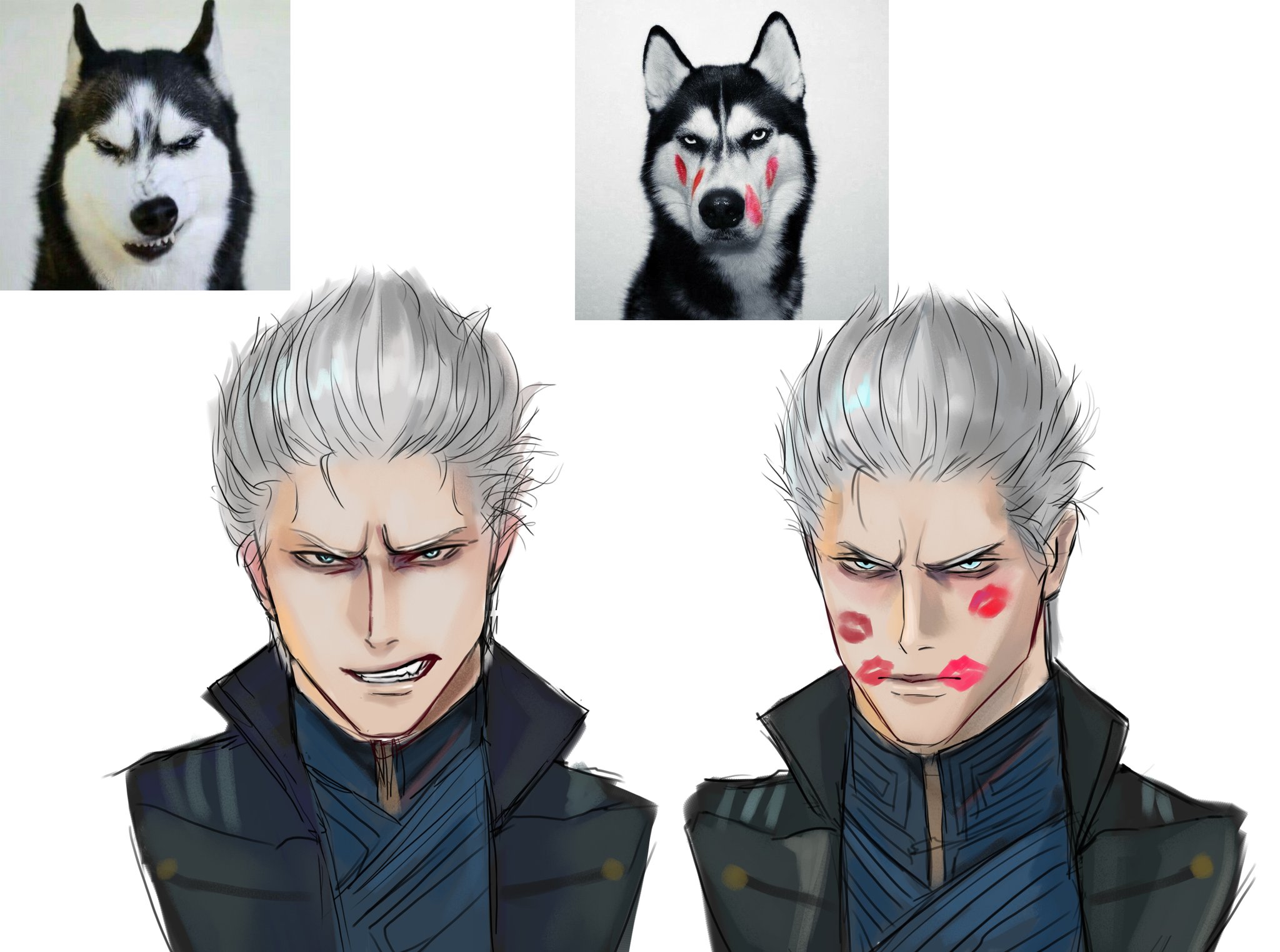 henoopd, vergil (devil may cry), devil may cry (series), devil may cry 5, commentary, highres, photo-referenced, symbol-only commentary, 1boy, black coat, blue eyes, blue vest, clenched teeth, closed mouth, coat, lips, lipstick mark, lipstick mark on face, looking at viewer, male focus, nose, parted lips, portrait, reference inset, short hair, simple background, teeth, vest, white background, white hair