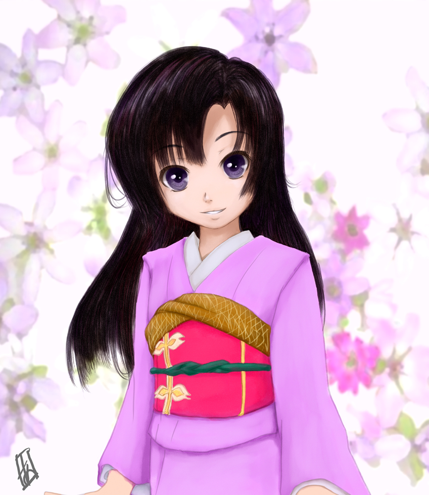 akio (akio 1963), akio (zero hour), kuhouin murasaki, kure-nai, kurenai, bad id, bad pixiv id, 00s, 1girl, black hair, child, closed mouth, female focus, japanese clothes, kimono, long hair, long sleeves, looking at viewer, purple eyes, sash, smile, solo