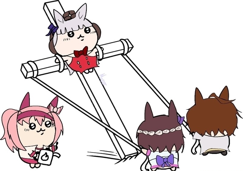 japvs, agnes tachyon (tach-nology) (umamusume), agnes tachyon (umamusume), gold ship (red strife) (umamusume), gold ship (umamusume), haru urara (bestest prize) (umamusume), haru urara (umamusume), special week (special dreamer) (umamusume), special week (umamusume), umamusume, umamusume: beginning of a new era, 4girls, ahoge, animal ears, blunt bangs, bow, brown hat, buruma, cross, crucifixion, cup, dress, ear bow, ear covers, ear ribbon, hat, headband, horse ears, horse girl, huge ahoge, lab coat, mug, multicolored hair, multiple girls, pillbox hat, pink buruma, pink hair, pink headband, purple bow, red buruma, red dress, red headband, sailor collar, sailor shirt, shirt, sleeves past fingers, sleeves past wrists, two-tone hair, wolf cut