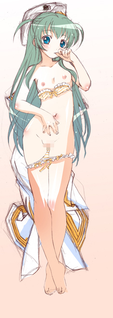 anko koubou, alice carroll, aria (manga), 00s, 1girl, barefoot, blue eyes, bra, censored, dakimakura (medium), feet, female focus, flat chest, full body, green hair, lingerie, nipples, panties, panty pull, pussy, solo, underwear, underwear only