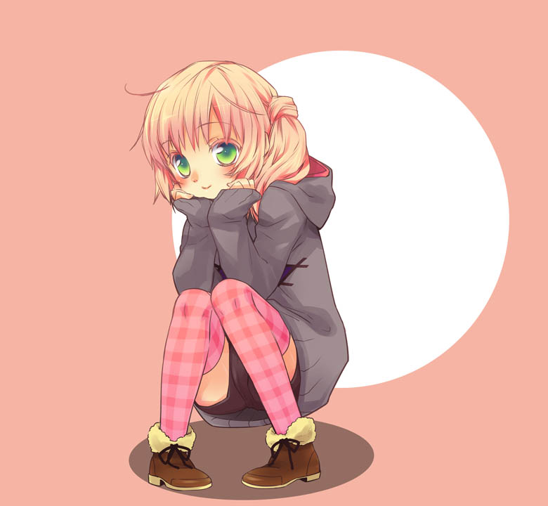 yano mirura, original, 1girl, blonde hair, blush, child, female focus, full body, green eyes, hood, hood down, hoodie, long sleeves, looking at viewer, short hair, simple background, smile, solo, thighhighs, two-tone background, zettai ryouiki