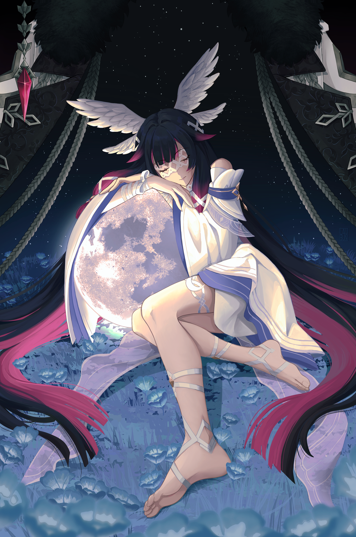 laubun, columbina (genshin impact), genshin impact, highres, 1girl, black hair, closed eyes, closed mouth, dress, feathered wings, full moon, hair ornament, hair ribbon, head wings, long hair, moon, multicolored hair, multiple wings, pink hair, ribbon, sidelocks, solo, thigh strap, very long hair, white dress, white ribbon, wings, wrist ribbon