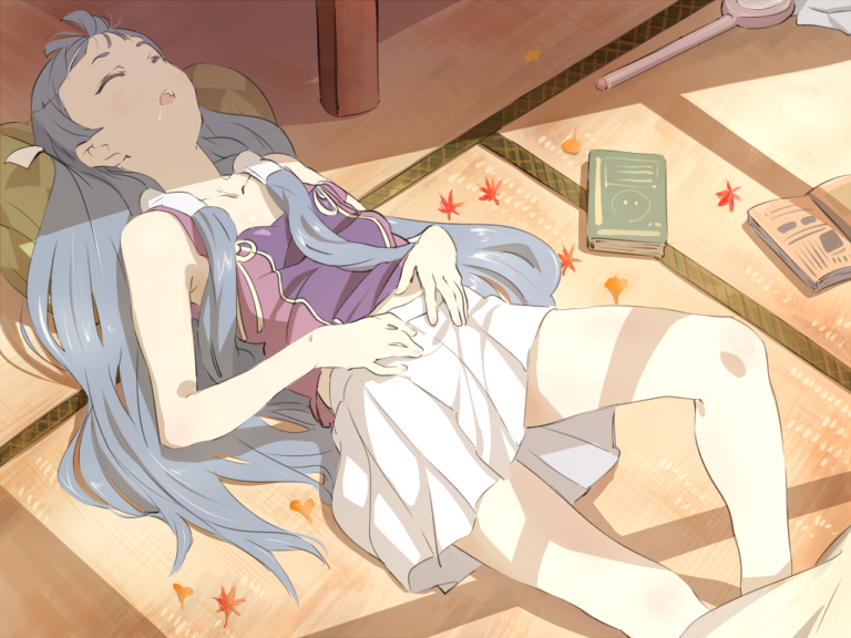 p.k., nagi, kannagi, bad id, bad pixiv id, 00s, 1girl, autumn, blue hair, blunt bangs, closed eyes, female focus, hair tubes, leaf, long hair, lying, on back, pleated skirt, saliva, skirt, sleeping, solo, white skirt