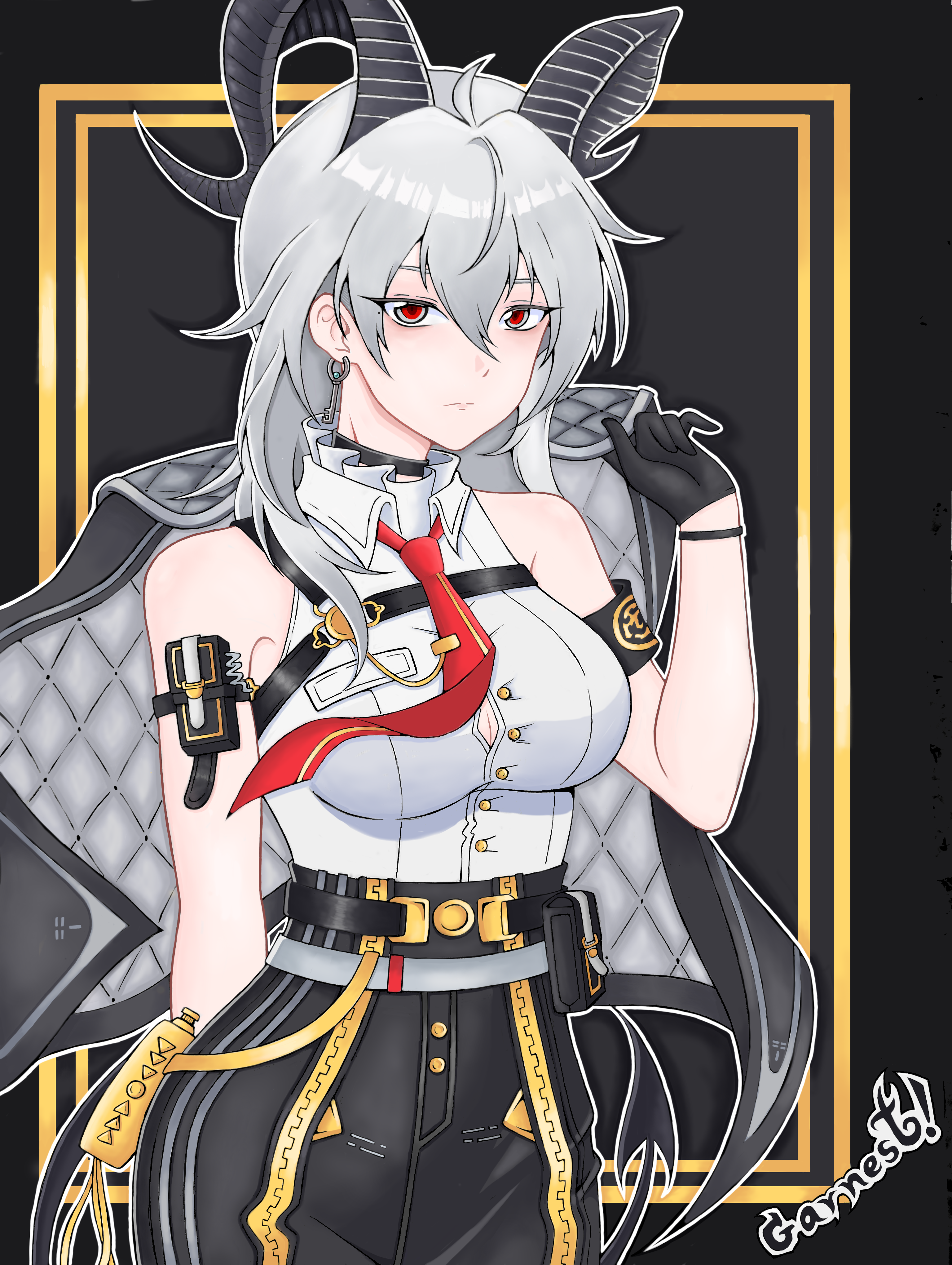 zani (wuthering waves), wuthering waves, absurdres, commentary, english commentary, highres, 1girl, adapted costume, ahoge, arm pouch, armband, artist name, bare shoulders, black armband, black choker, black gloves, black horns, black jacket, black pants, black tail, button gap, chest harness, choker, closed mouth, collared shirt, cowboy shot, curled horns, demon tail, earrings, garnest, gloves, grey hair, hair between eyes, harness, high-waist pants, holding, holding jacket, holding unworn clothes, holding unworn jacket, horns, jacket, jewelry, key earrings, long hair, looking at viewer, pants, red eyes, shirt, shirt tucked in, sleeveless, sleeveless shirt, solo, tail, tight clothes, tight pants, unworn jacket, white shirt