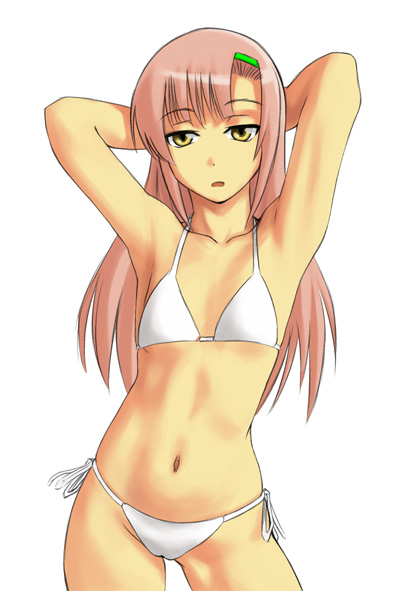 minazuki honoo, katsura hinagiku, hayate no gotoku!, 00s, armpits, bikini, breasts, flat chest, hairband, headband, long hair, midriff, navel, pink hair, side-tie bikini bottom, solo, swimsuit, white bikini, yellow eyes