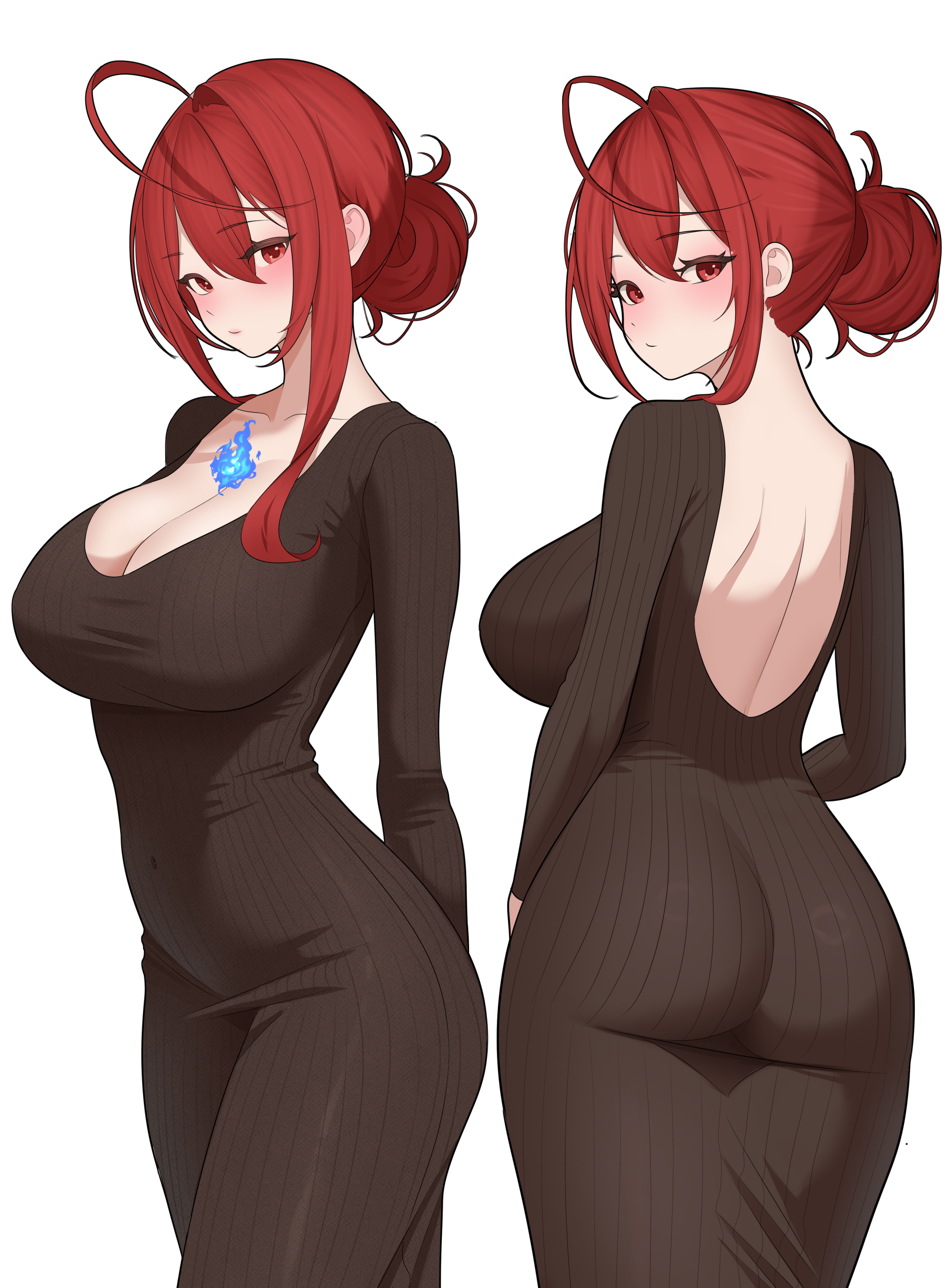 layunaart, elizabeth rose bloodflame, hololive, hololive english, absurdres, commentary, english commentary, highres, 1girl, ahoge, alternate costume, alternate hairstyle, ass, blue fire, breasts, brown dress, cleavage, covered navel, double-parted bangs, dress, fire, fire on chest, hair between eyes, hair bun, huge ahoge, impossible clothes, impossible dress, large breasts, light blush, long sleeves, looking at viewer, median furrow, multiple views, red eyes, red hair, ribbed dress, short hair, shoulder blades, simple background, single hair bun, single hair intake, single sidelock, virtual youtuber, white background