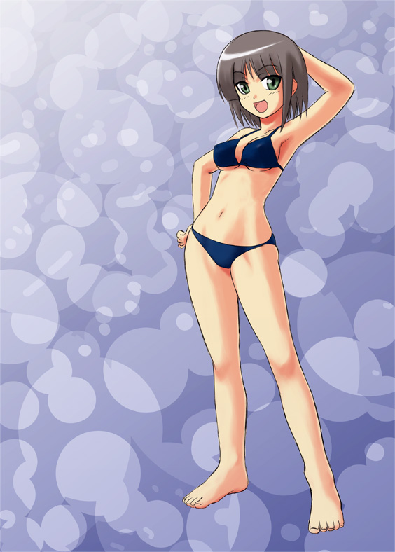 minazuki honoo, aizawa sakuya, hayate no gotoku!, 00s, 1girl, :d, arm behind head, armpits, barefoot, bikini, black hair, blue bikini, feet, female focus, green eyes, hand on own hip, navel, open mouth, short hair, smile, solo, swimsuit