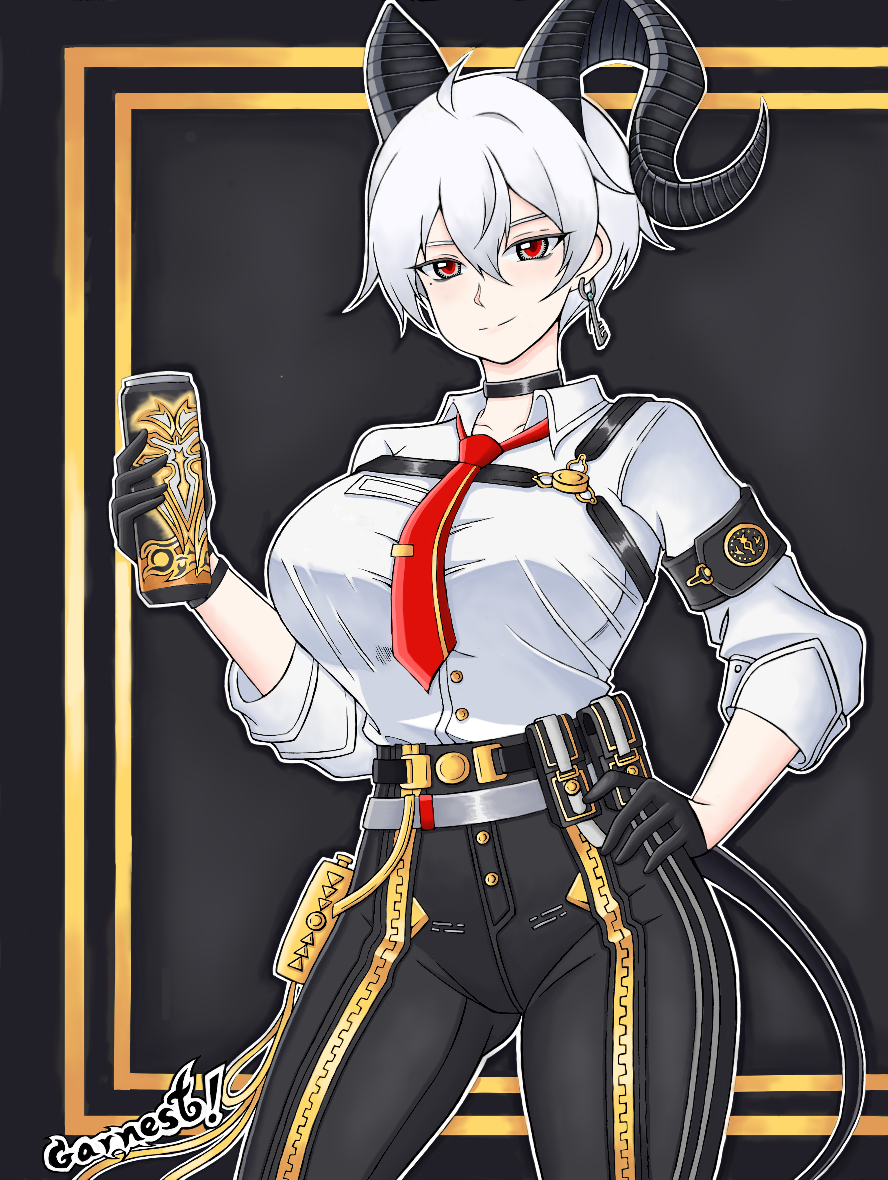 zani (wuthering waves), wuthering waves, absurdres, commentary, english commentary, highres, 1girl, alternate hairstyle, armband, artist name, black armband, black choker, black gloves, black horns, black pants, black tail, breasts, can, chest harness, choker, closed mouth, collared shirt, cowboy shot, curled horns, drink can, earrings, garnest, gloves, hair between eyes, hand on own hip, harness, holding, holding can, horns, jewelry, key earrings, large breasts, looking at viewer, mole, mole under eye, no jacket, pants, red eyes, shirt, shirt tucked in, short hair, smile, solo, tail, white shirt