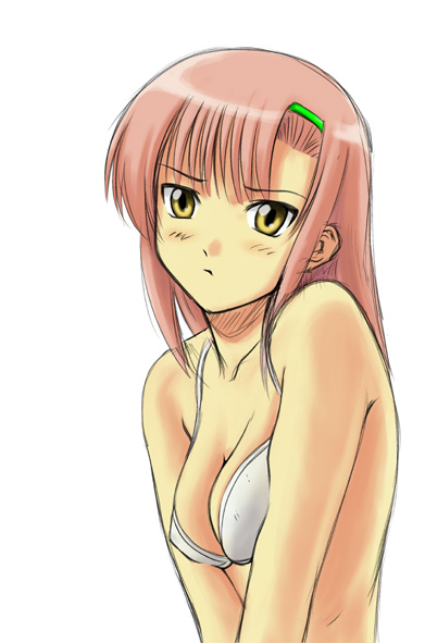 minazuki honoo, katsura hinagiku, hayate no gotoku!, 00s, 1girl, bikini, blush, breasts, cleavage, collarbone, female focus, hairband, head tilt, looking at viewer, pink hair, solo, swimsuit, upper body, white bikini, yellow eyes