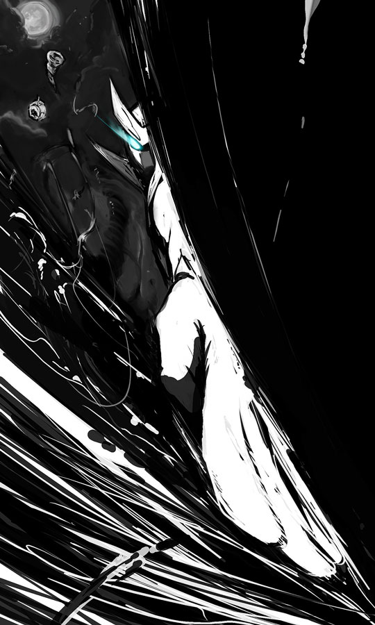 casshern, casshern (series), casshern sins, 00s, 1boy, blue eyes, cyborg, full moon, greyscale, looking at viewer, machinery, male focus, monochrome, moon, moonlight, outstretched arm, solo, spot color