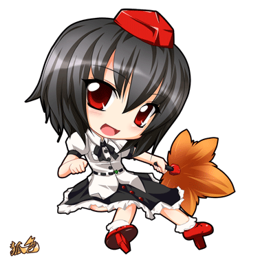 kazami karasu, shameimaru aya, touhou, animated, animated gif, lowres, 1girl, black hair, blinking, chibi, female focus, geta, hand fan, hat, looking at viewer, one eye closed, open mouth, red eyes, short hair, smile, solo, tengu-geta, wink, winking (animated)