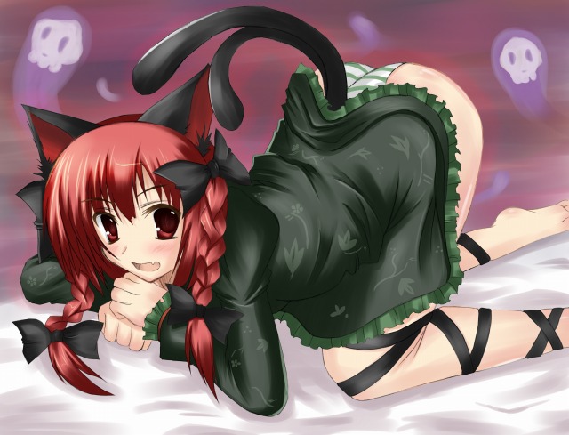 nozomi tsubame, kaenbyou rin, touhou, 1girl, animal ears, barefoot, bow, braid, cat ears, cat girl, cat tail, fang, female focus, hair bow, multiple hair bows, panties, red eyes, red hair, ribbon, solo, striped clothes, striped panties, tail, top-down bottom-up, twin braids, twintails, underwear