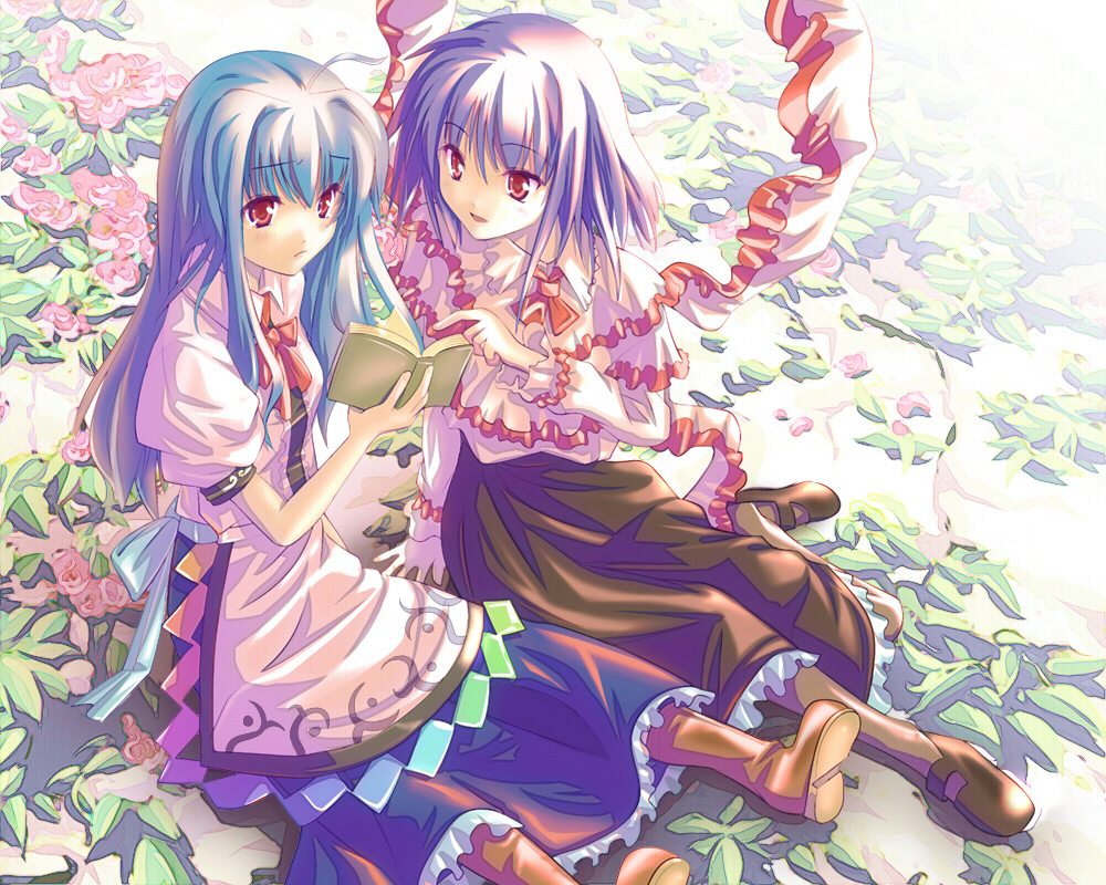 shirosa, hinanawi tenshi, nagae iku, touhou, 2girls, :/, ahoge, blue hair, book, boots, dress, female focus, flower, long hair, multiple girls, no headwear, open book, pointing, purple hair, reading, red eyes, ribbon, shawl, short hair, sitting
