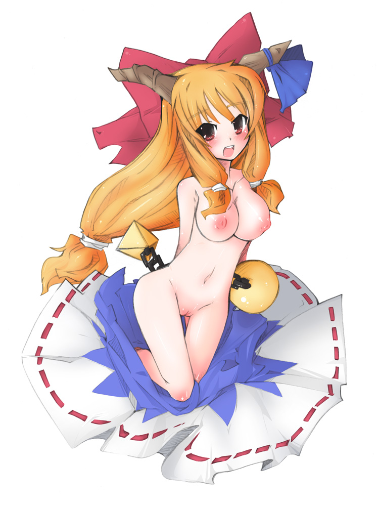 naik, ibuki suika, touhou, alternate breast size, 1girl, breasts, female focus, horns, large breasts, long hair, nipples, nude, pussy, ribbon, solo, uncensored