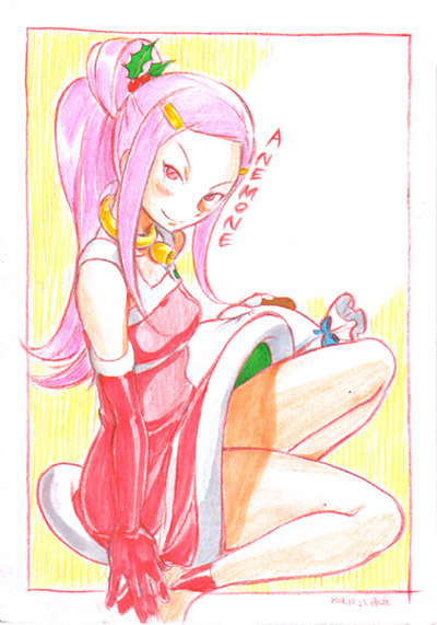 nam (nam990902), nanboku, anemone (eureka seven), eureka seven, eureka seven (series), 00s, 1girl, christmas, elbow gloves, female focus, gloves, pink eyes, pink hair, ponytail, red gloves, santa costume, smile, solo