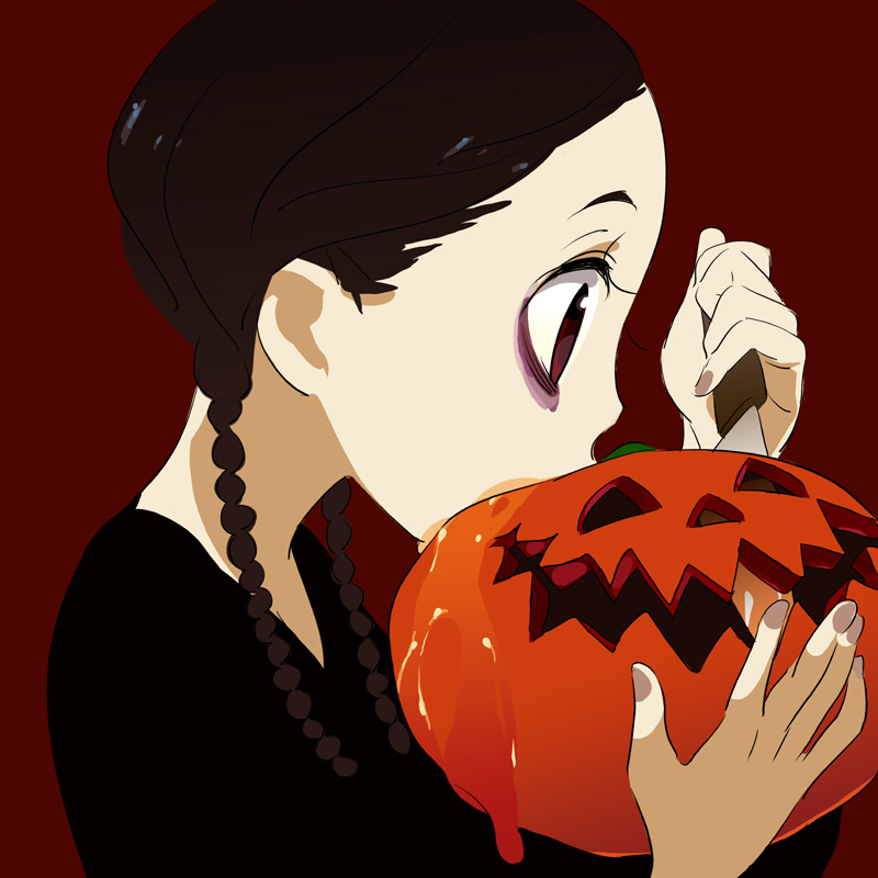 rakuraku, wednesday addams, addams family, 1girl, animification, bags under eyes, braid, female focus, goth fashion, halloween, jack-o'-lantern, knife, pale skin, pumpkin, solo, twin braids