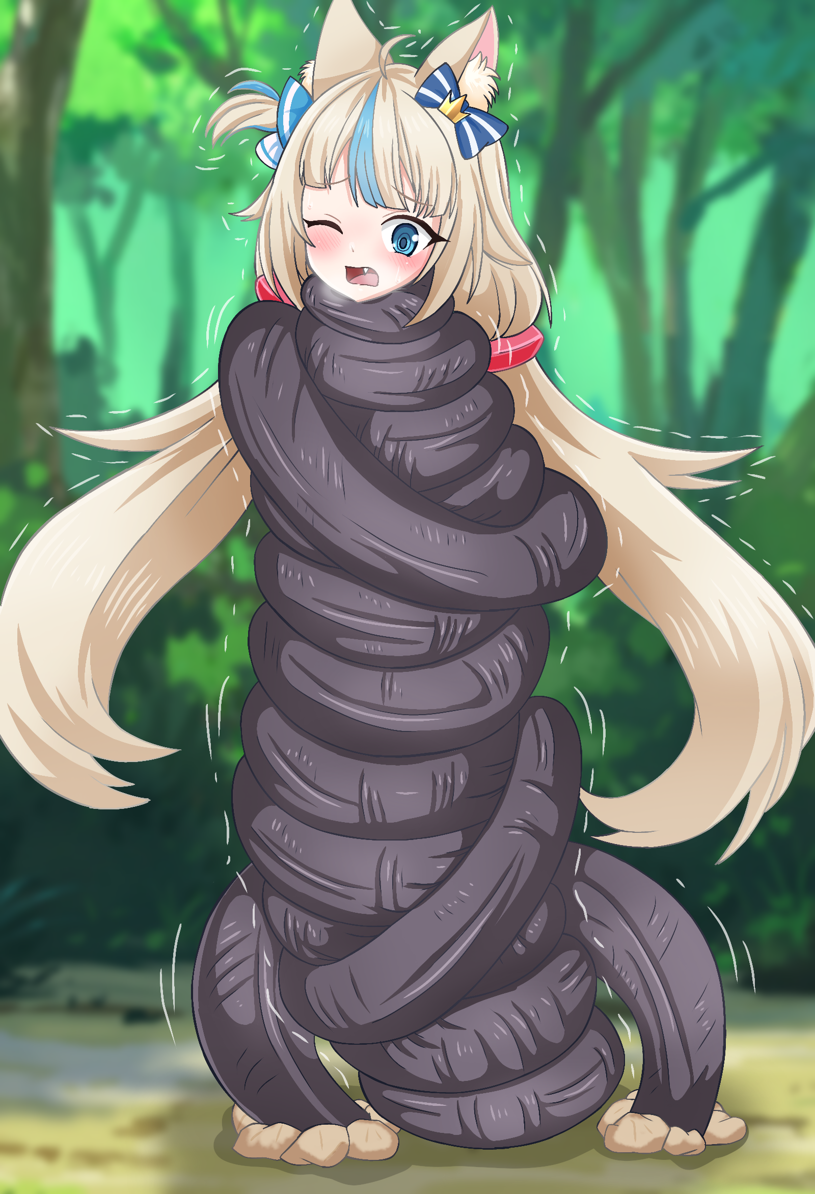 bad0gift, sameko saba, indie virtual youtuber, commentary, highres, 1girl, ahoge, animal ear fluff, animal ears, bdsm, blonde hair, blue bow, blue eyes, blue hair, blue streaks, blunt bangs, blurry, blurry background, blush, bondage, bound, bow, cat ears, constriction, d;, earthworm, fang, fish girl, foliage, forest, full body, furrowed brow, hair bow, hair ornament, heavy breathing, lifebuoy hair ornament, long hair, looking down, low twintails, motion lines, multicolored hair, mummification (bound), nature, one eye closed, one side up, open mouth, outdoors, puff of air, restrained, single hair streak, solo, squeezing, streaked hair, striped bow, tied up (nonsexual), tree, trembling, twintails, two-tone hair, very long hair, virtual youtuber, worm, wrapping