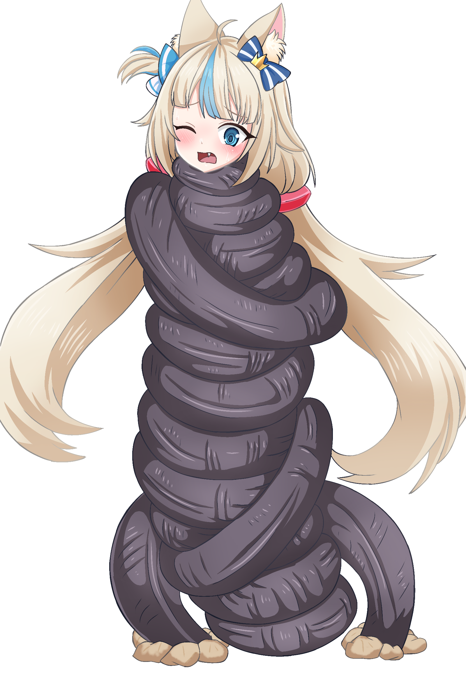 bad0gift, sameko saba, indie virtual youtuber, commentary, highres, 1girl, ahoge, animal ear fluff, animal ears, bdsm, blonde hair, blue bow, blue eyes, blue hair, blue streaks, blunt bangs, blurry, blurry background, blush, bondage, bound, bow, cat ears, constriction, d;, earthworm, fang, fish girl, full body, furrowed brow, hair bow, hair ornament, lifebuoy hair ornament, long hair, looking down, low twintails, multicolored hair, mummification (bound), one eye closed, one side up, open mouth, restrained, simple background, single hair streak, solo, squeezing, streaked hair, striped bow, tied up (nonsexual), twintails, two-tone hair, very long hair, virtual youtuber, white background, worm, wrapping