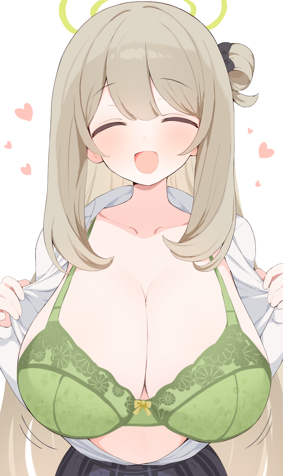 hone kawa, nonomi (blue archive), blue archive, highres, revision, variant set, 1girl, :d, ^ ^, black bow, black skirt, blush, bow, bra, breasts, brown hair, cleavage, closed eyes, collarbone, facing viewer, green bra, green halo, hair bow, hair rings, halo, hands up, happy, heart, huge breasts, long hair, open clothes, open mouth, open shirt, plaid clothes, plaid skirt, shirt, simple background, single hair ring, skirt, smile, solo, straight-on, straight hair, underwear, upper body, white background, white shirt