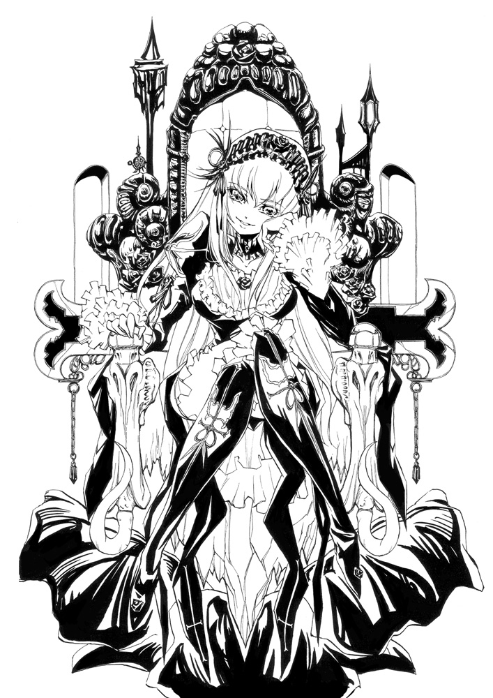 funky function, suigintou, rozen maiden, 00s, doll, gothic lolita, greyscale, lolita fashion, monochrome, solo