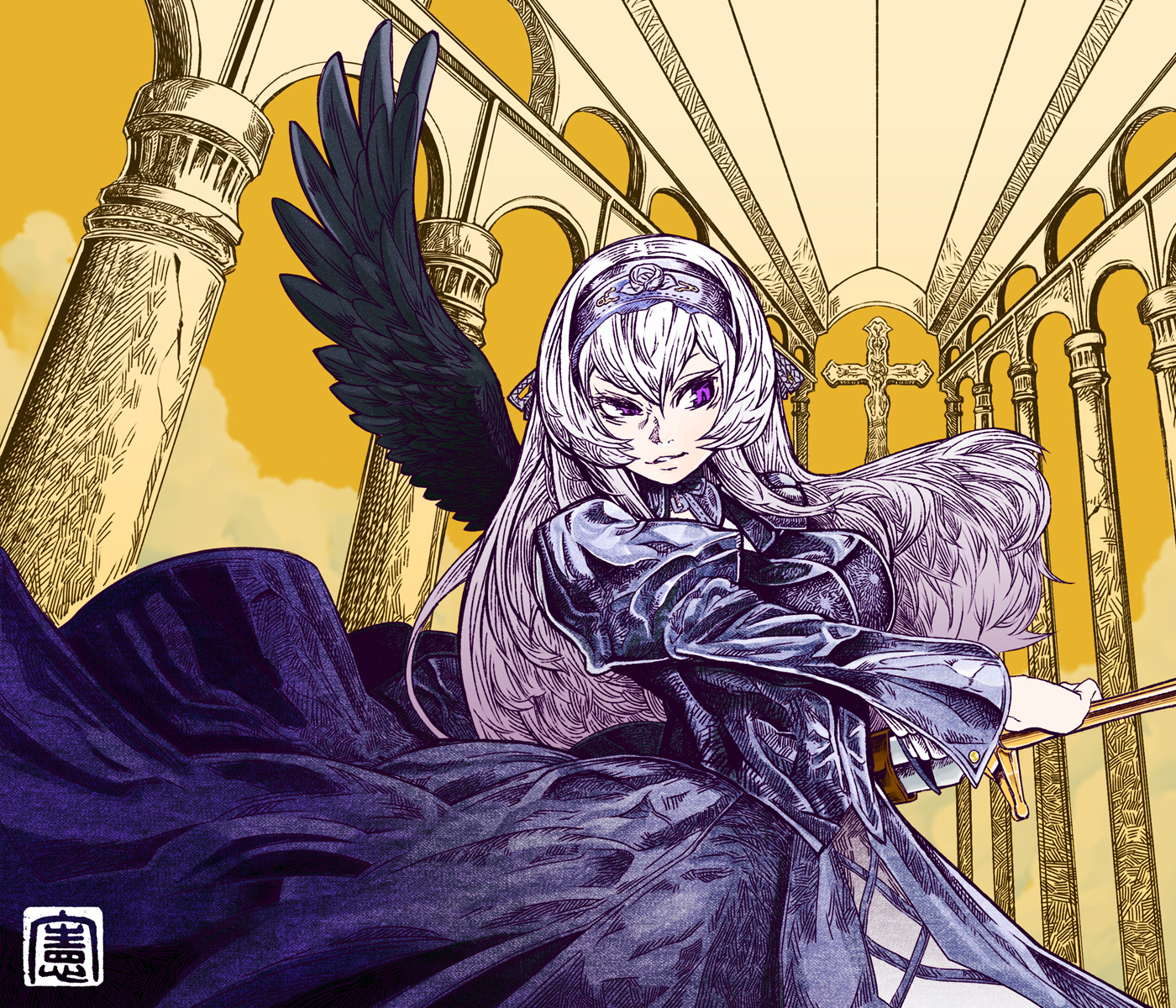 kikukawa norihiko, suigintou, rozen maiden, silver hair, bad id, bad pixiv id, highres, 00s, gothic lolita, hairband, hatchshading, lolita fashion, long hair, purple eyes, solo, wings