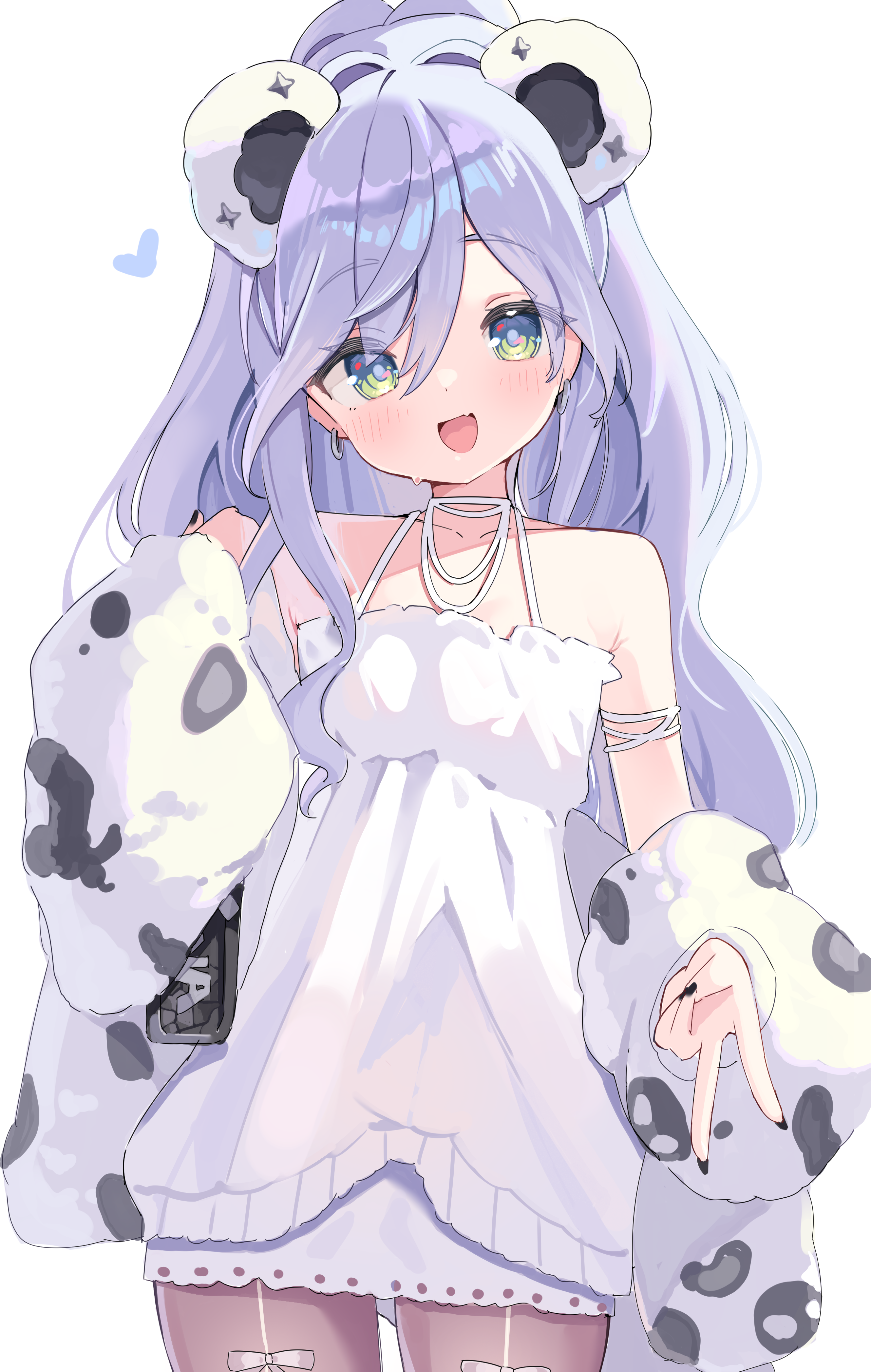 ichipon1515, yano kuromu, vspo!, absurdres, highres, 1girl, :d, animal ears, animal print, aqua eyes, bear ears, black nails, blue hair, blush, cowboy shot, dress, earrings, fake animal ears, fang, gyaru v, hair between eyes, hoop earrings, jacket, jacket partially removed, jewelry, long hair, looking at viewer, nail polish, official alternate costume, open mouth, ponytail, short dress, simple background, skin fang, sleeveless, sleeveless dress, smile, solo, tiger print, v, virtual youtuber, white background, white dress, white jacket, yano kuromu (2nd costume)
