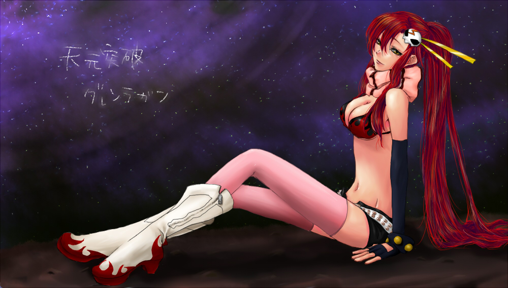 ring (pixiv), yoko littner, tengen toppa gurren lagann, 00s, 1girl, bikini, bikini top only, boots, breasts, cleavage, elbow gloves, female focus, gloves, large breasts, long hair, ponytail, red hair, scarf, shorts, sitting, solo, swimsuit, thighhighs, very long hair, yellow eyes