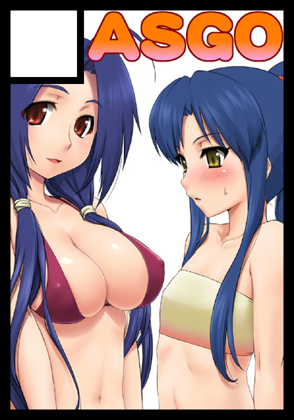 zanzi, kisaragi chihaya, miura azusa, idolmaster, idolmaster (classic), idolmaster 1, 00s, 2girls, bikini, black border, blush, border, breast envy, breasts, circle cut, cleavage, large breasts, long hair, looking at breasts, multiple girls, swimsuit