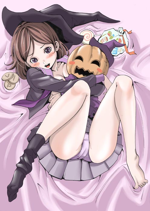 chawanmushi (zukka5187), original, 1girl, barefoot, blush, brown hair, candy, female focus, food, halloween, hat, jack-o'-lantern, lollipop, panties, pantyshot, pumpkin, single sock, skirt, socks, solo, swirl lollipop, underwear, upskirt, witch hat
