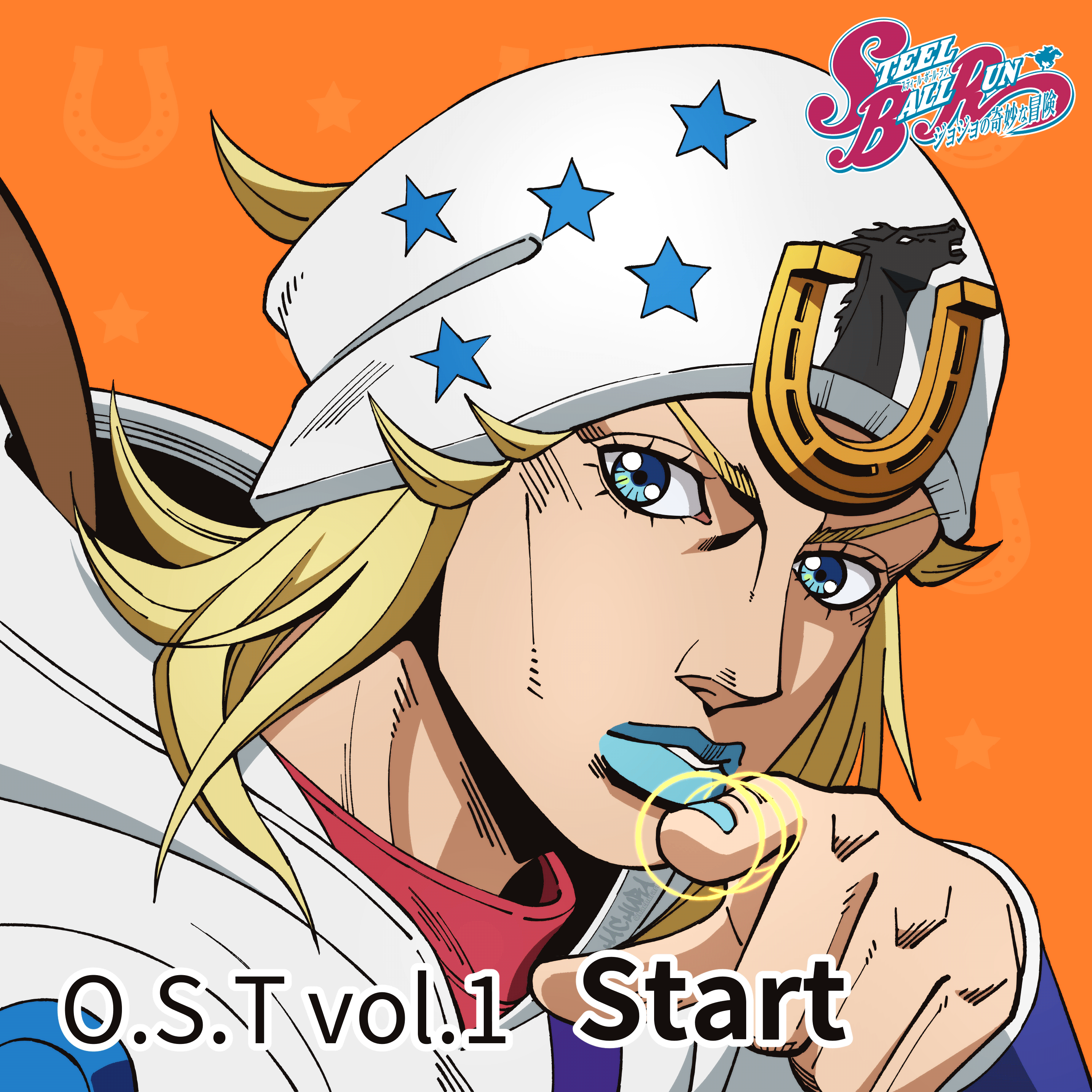 hachuart, johnny joestar, jojo no kimyou na bouken, steel ball run, absurdres, commentary, derivative work, english commentary, highres, 1boy, anime coloring, araki hirohiko (style), beanie, blonde hair, blue eyes, blue lips, blue nails, comic panel redraw, feathers, hat, hood, hood down, hoodie, horse print, horseshoe hat ornament, horseshoe ornament, logo, looking at viewer, makeup, male focus, medium hair, official style, orange background, parted lips, pointing, pointing at viewer, portrait, solo, star (symbol), star print, teeth, white hat, white hoodie