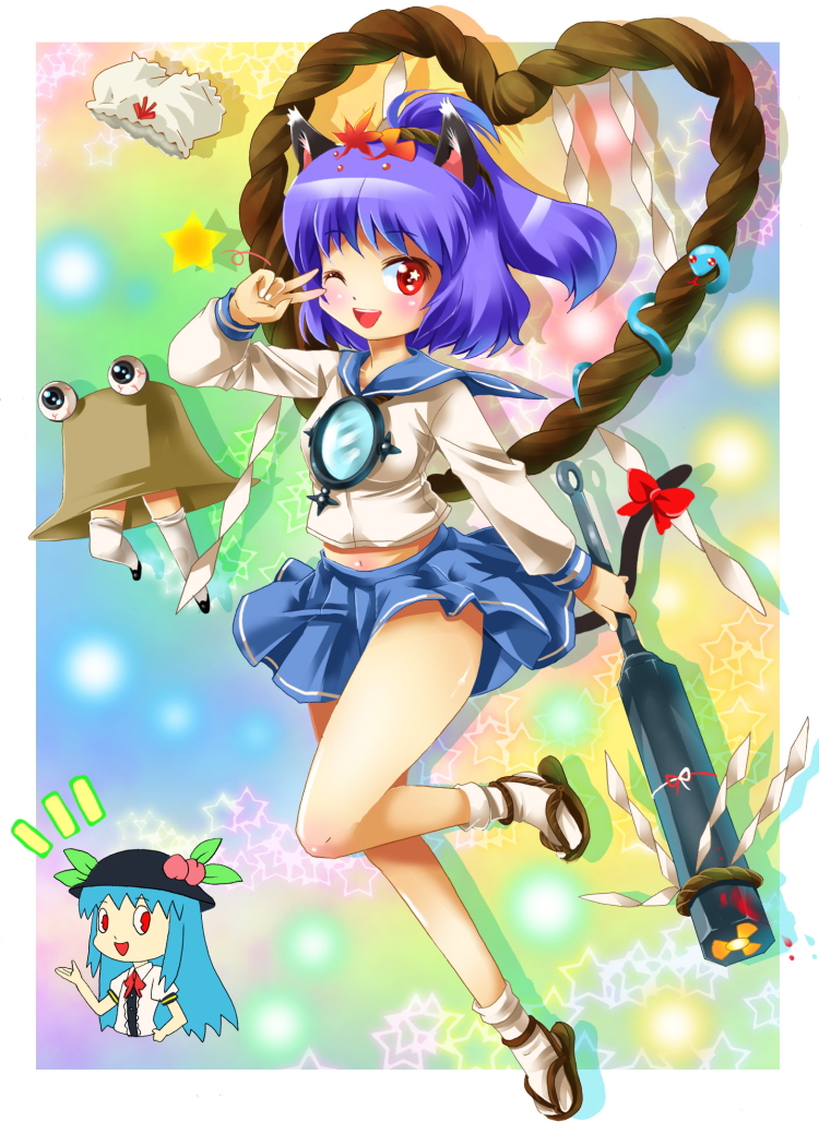 michii yuuki, hinanawi tenshi, moriya suwako, pyonta, yasaka kanako, touhou, bad id, bad pixiv id, 2girls, alternate costume, animal ears, blood, bloomers, blue hair, cat ears, cat girl, cat tail, female focus, food, fruit, hair ornament, hat, heart, kemonomimi mode, leaf, leaf hair ornament, long hair, mace, midriff, mirror, multiple girls, navel, one eye closed, peach, ponytail, purple hair, radiation symbol, ribbon, rope, sandals, school uniform, serafuku, short hair, skirt, smile, snake, socks, star (symbol), tail, tail ornament, tail ribbon, underwear, v, weapon, zouri