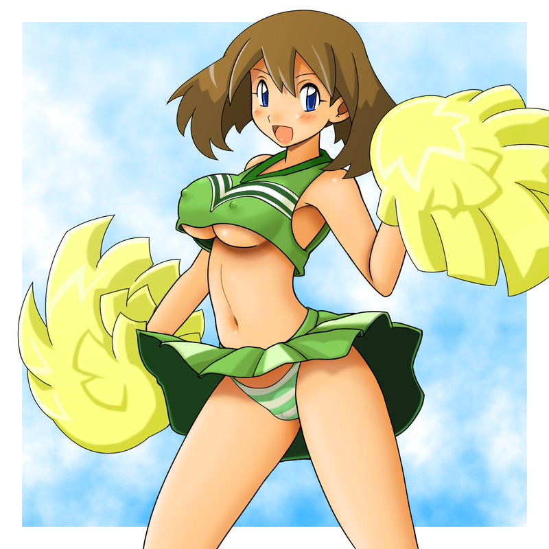 tsumitani daisuke, may (pokemon), nintendo, pokemon, pokemon (anime), 1girl, :d, alternate costume, alternate headwear, blue eyes, blush, breasts, brown hair, cheerleader, clothes lift, covered erect nipples, female focus, medium breasts, open mouth, panties, pantyshot, pom pom (cheerleading), skirt, skirt lift, smile, solo, striped clothes, striped panties, tsumityan honpo, underboob, underwear, upskirt, wind, wind lift