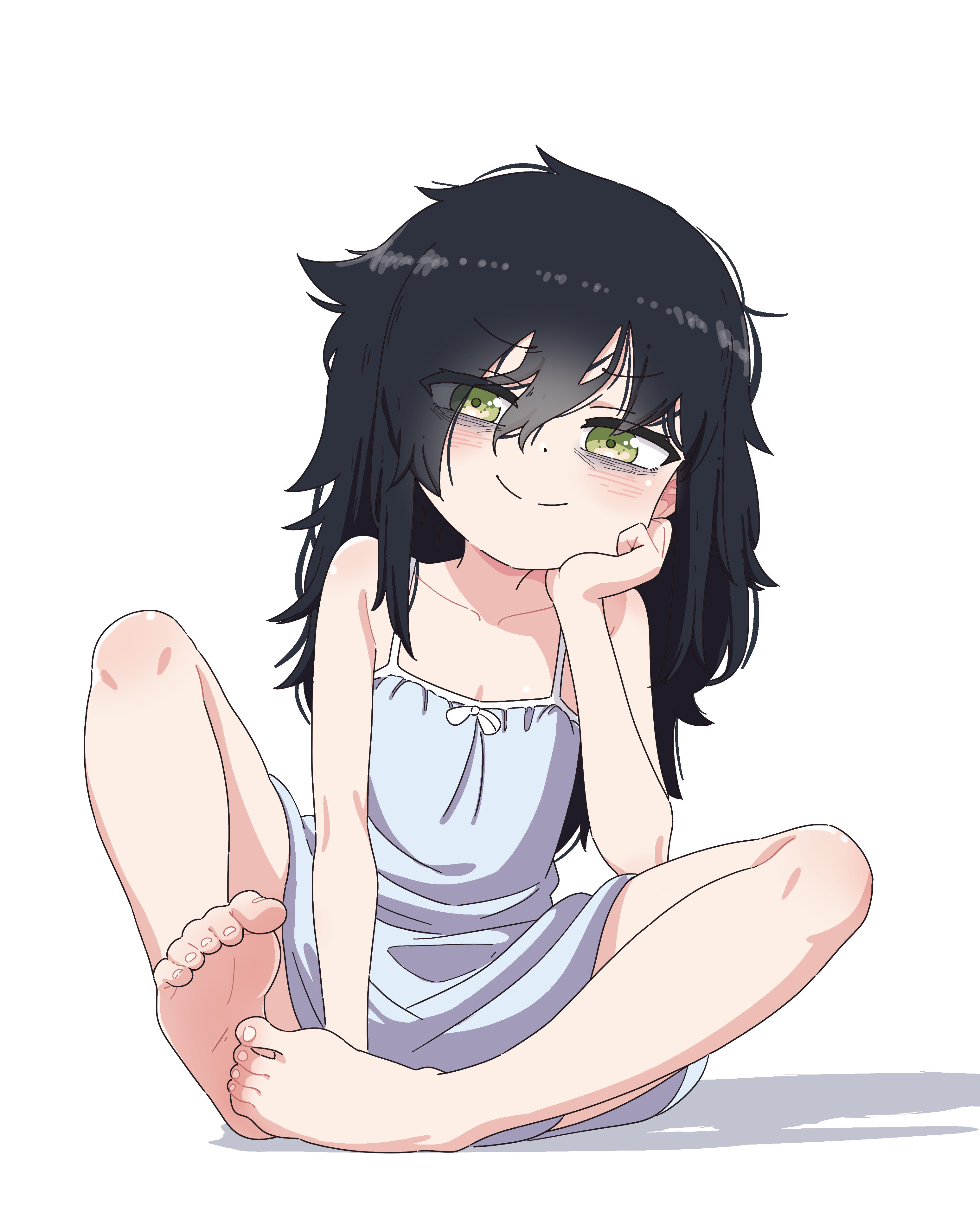leims (urje8584), kuroki tomoko, watashi ga motenai no wa dou kangaetemo omaera ga warui!, absurdres, highres, 1girl, arm support, bags under eyes, barefoot, black hair, dress, feet, green eyes, legs, simple background, sitting, soles, solo, toe scrunch, toes, white background