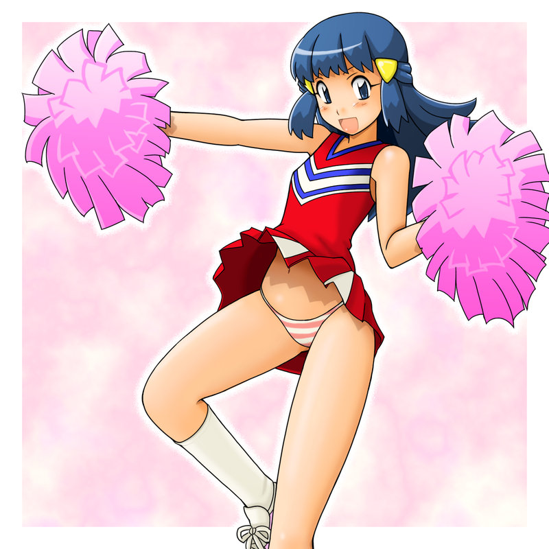 tsumitani daisuke, hikari (pokemon), nintendo, pokemon, pokemon (anime), creatures (company), game freak, striped, 1girl, alternate costume, blue eyes, blue hair, blush, cheerleader, dress, dress lift, flat chest, matching hair/eyes, panties, pantyshot, pom pom (cheerleading), solo, striped panties, underwear, wind, wind lift