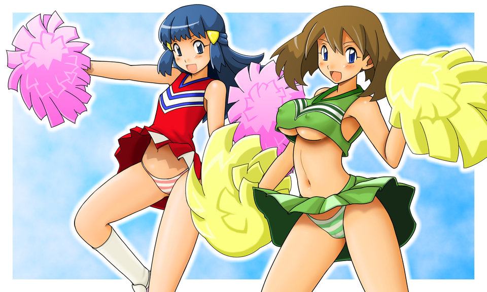 tsumitani daisuke, dawn (pokemon), may (pokemon), nintendo, pokemon, pokemon (anime), 2girls, alternate costume, alternate headwear, blue eyes, blue hair, blush, breasts, brown hair, cheerleader, clothes lift, covered erect nipples, dress, dress lift, flat chest, medium breasts, multiple girls, no bra, panties, pantyshot, pom pom (cheerleading), skirt, skirt lift, small breasts, standing, striped clothes, striped panties, tsumityan honpo, underboob, underwear, upskirt, wind, wind lift