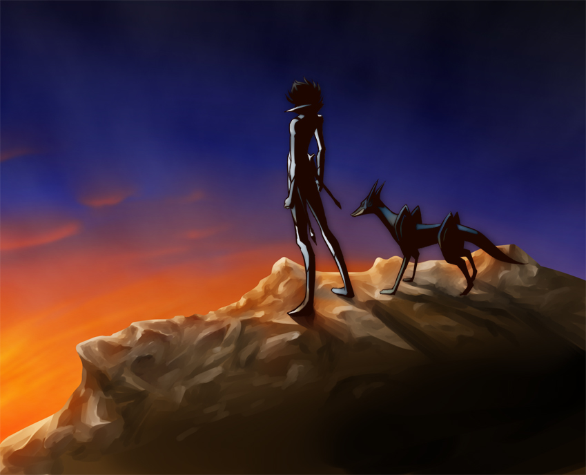 mozuku, casshern, friender, casshern (series), casshern sins, bad id, bad pixiv id, 00s, 1boy, cyborg, dog, sunset