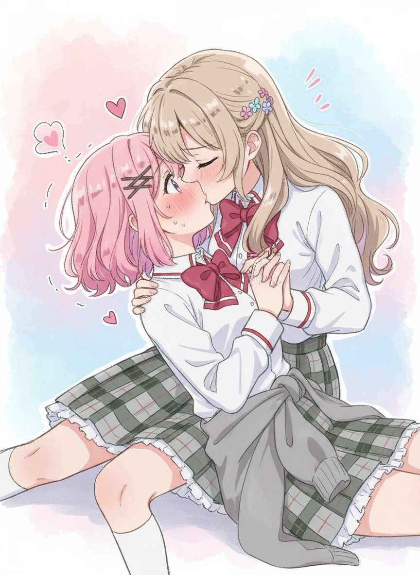silverbobcut, amaori renako, sena ajisai, watashi ga koibito ni nareru wake naijan murimuri!, 2girls, ashigaya high school uniform, blonde hair, blush, bow, bowtie, closed eyes, hair ornament, hairclip, heart, holding hands, kiss, kneehighs, long hair, medium hair, multiple girls, pink hair, plaid clothes, plaid skirt, purple eyes, red bow, school uniform, simple background, skirt, socks, trembling, white background, white socks, x hair ornament