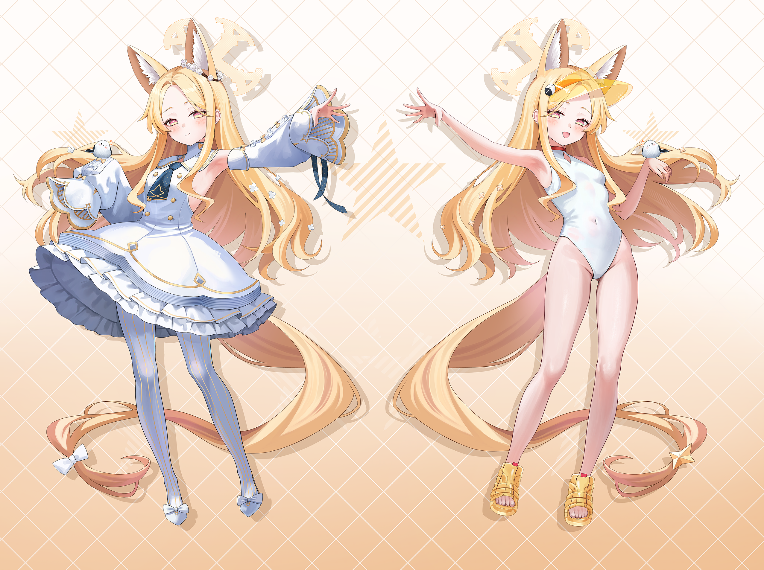 kottungyang, seia (blue archive), seia (swimsuit) (blue archive), blue archive, commentary, highres, 1girl, :d, animal ear fluff, animal ears, armpits, bird, bird on hand, black necktie, blonde hair, blush, breasts, closed mouth, covered navel, detached sleeves, dress, ear ornament, ear wreath, extra ears, fox ears, fox girl, fox tail, frilled dress, frills, full body, halo, hand up, long hair, long sleeves, looking at viewer, multiple views, necktie, official alternate costume, official alternate hairstyle, one-piece swimsuit, open mouth, outstretched arm, outstretched hand, pantyhose, puffy long sleeves, puffy sleeves, small breasts, smile, standing, star (symbol), striped clothes, striped pantyhose, swimsuit, tail, thighs, vertical-striped clothes, vertical-striped pantyhose, visor cap, white dress, white one-piece swimsuit, white pantyhose, white sleeves, yellow halo, yellow visor