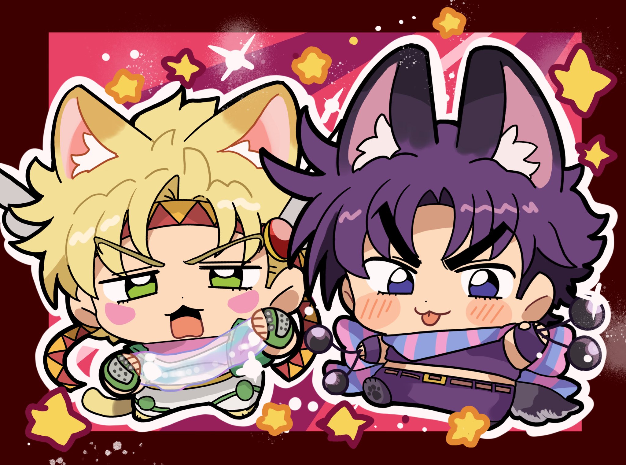 motu705, caesar anthonio zeppeli, joseph joestar, joseph joestar (young), battle tendency, jojo no kimyou na bouken, commentary, highres, symbol-only commentary, 2boys, animal ears, blonde hair, blush, cat boy, cat ears, cat tail, chibi, chibi only, clacker, facial mark, fingerless gloves, gloves, green eyes, green gloves, headband, hydrokinesis, kemonomimi mode, male focus, midriff, multiple boys, open mouth, pants, purple eyes, purple gloves, purple hair, purple pants, purple shirt, scarf, shirt, short hair, soap bubbles, tail, tongue, tongue out, water, wolf boy, wolf ears, wolf tail