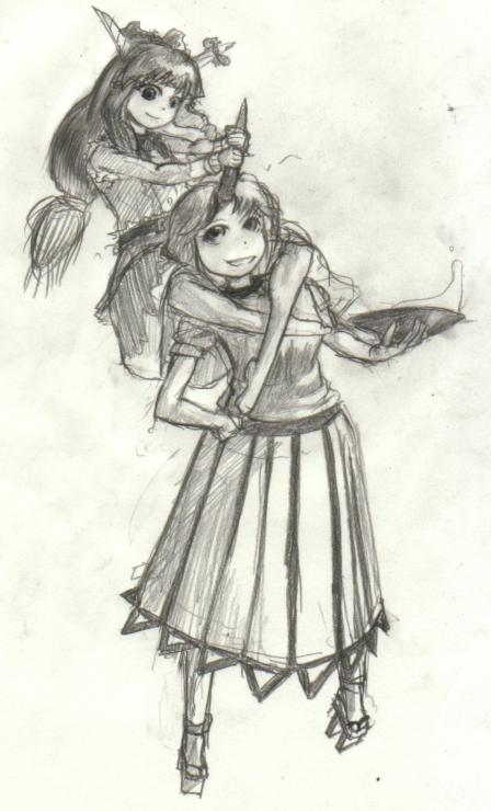 hinemu, hoshiguma yuugi, ibuki suika, touhou, bad id, bad pixiv id, 2girls, carrying, cup, female focus, horns, monochrome, multiple girls, piggyback, sakazuki, shoulder carry, single horn, sketch