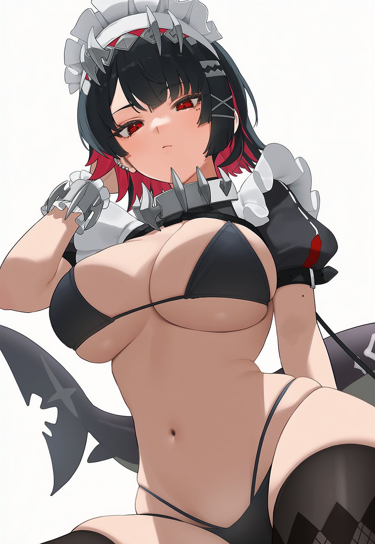 ellen joe, zenless zone zero, highres, non-web source, bikini, black bikini, breasts, collar, fins, fish tail, from below, hirgiz, looking down, red eyes, shark tail, spiked collar, spikes, swimsuit, tail, underboob