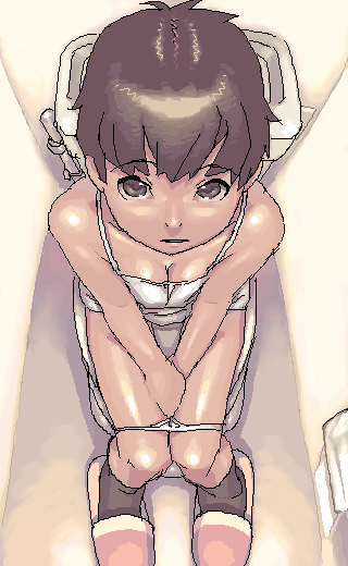 hijiri rei, original, 1girl, breasts, brown eyes, brown hair, camisole, cleavage, female focus, freckles, from above, oekaki, panties, panty pull, short hair, slippers, small breasts, solo, toilet, toilet use, underwear, white panties