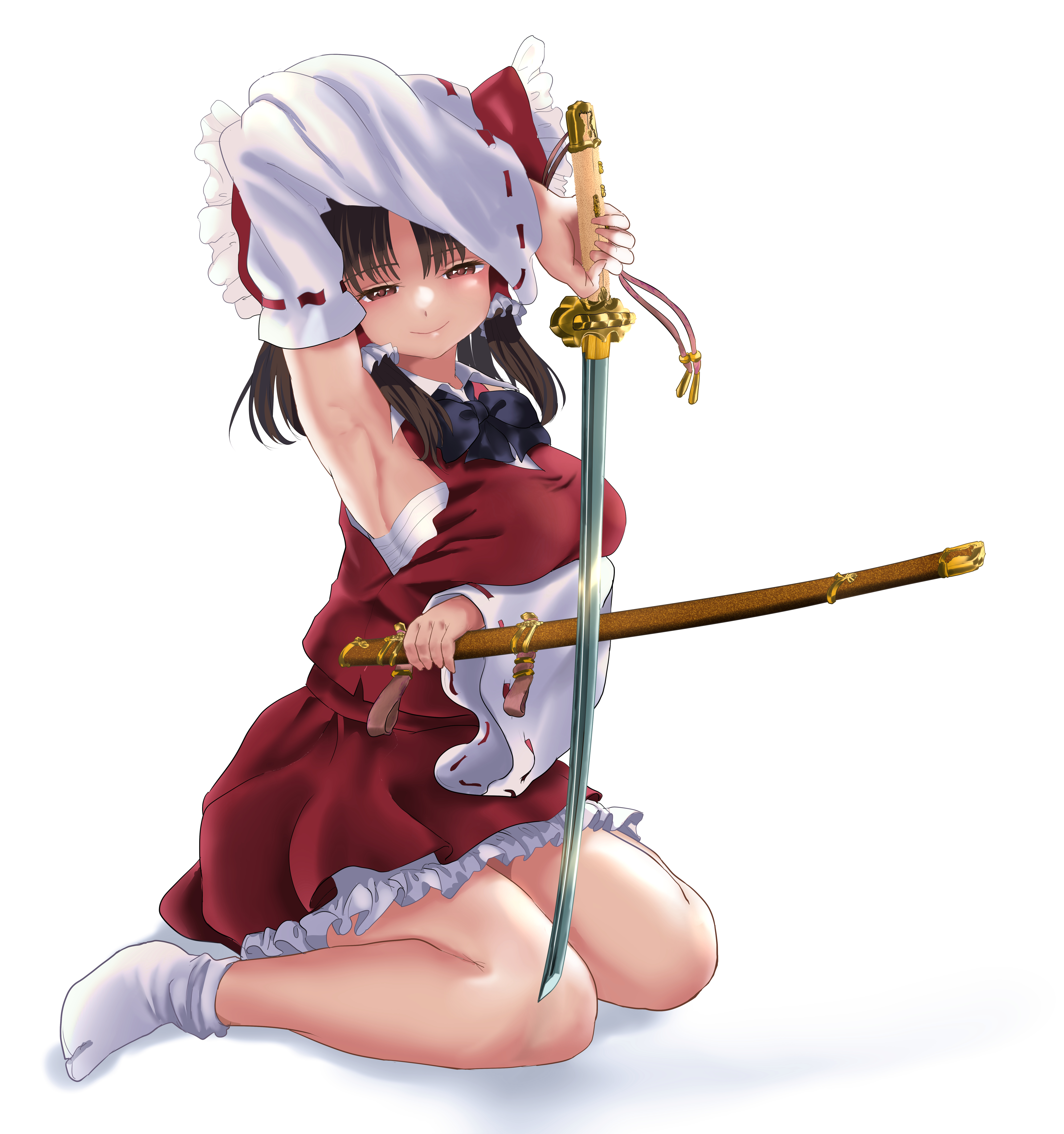 yuri kowashi (tetsukabuto nuranura), hakurei reimu, touhou, absurdres, commentary request, highres, textless version, 1girl, arm under breasts, armpits, black bow, black bowtie, bow, bowtie, breasts, brown eyes, brown hair, chest sarashi, closed mouth, detached sleeves, frilled bow, frilled hair tubes, frilled skirt, frills, hair bow, hair tubes, holding, holding sheath, holding sword, holding weapon, katana, large breasts, long hair, looking at viewer, red bow, red skirt, ribbon-trimmed sleeves, ribbon trim, sarashi, sheath, sideboob, simple background, sitting, skirt, skirt set, smile, socks, solo, sword, tabi, unsheathed, wariza, weapon, white background, white socks