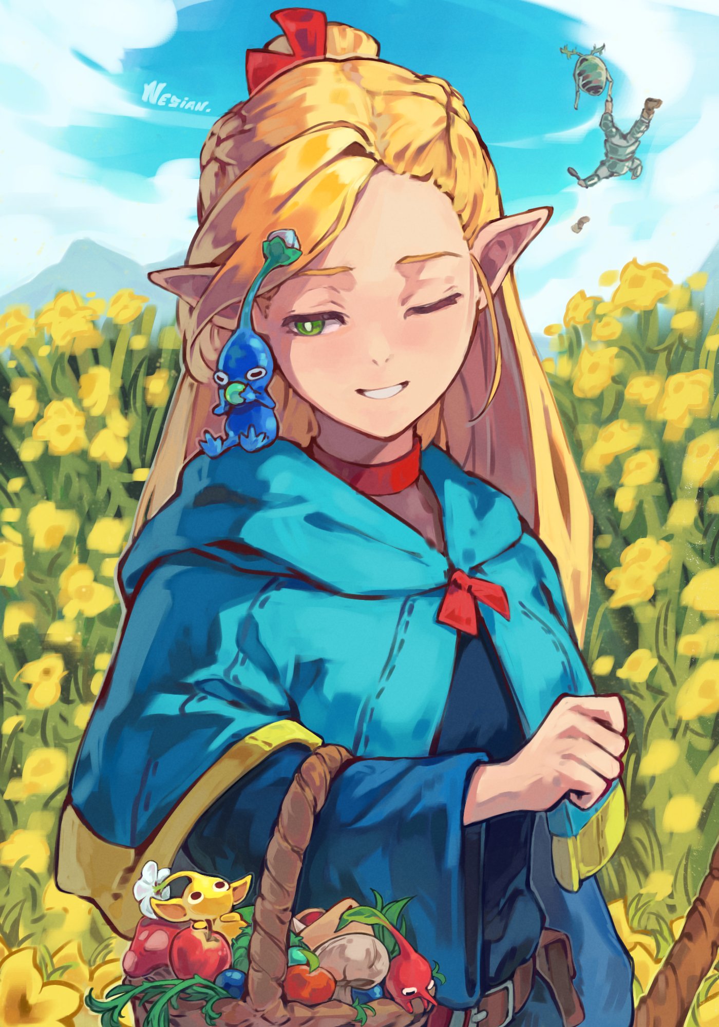 nesian., blue pikmin, laios touden, marcille donato, red pikmin, yellow pikmin, dungeon meshi, nintendo, pikmin (series), highres, 1boy, 1girl, armor, basket, blonde hair, blue sky, braid, capelet, choker, crossover, elf, field, flower, flower field, food, fruit, green eyes, hair ribbon, long hair, long sleeves, pikmin (creature), pointy ears, red choker, ribbon, robe, signature, sky, wide sleeves