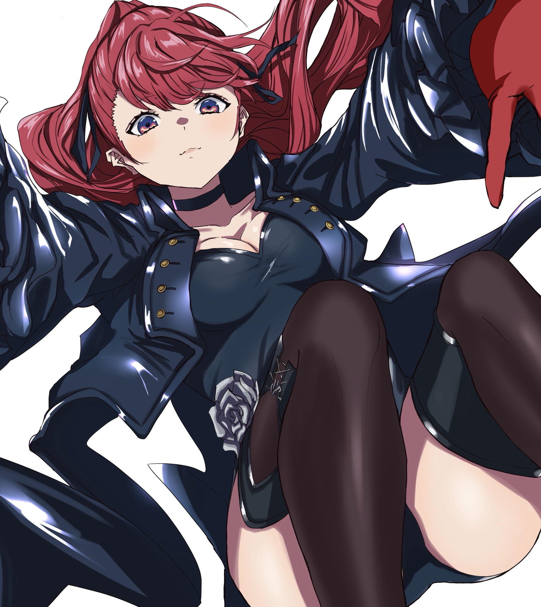 s-m-53413, violet (persona 5), yoshizawa kasumi, persona, persona 5, persona 5 the royal, commentary, highres, 1girl, black choker, black coat, black leotard, black ribbon, black thighhighs, breasts, choker, closed mouth, coat, flower, from above, gloves, hair ribbon, knees up, leotard, long hair, long sleeves, looking at viewer, medium breasts, no mask, outstretched arms, ponytail, purple eyes, red gloves, red hair, ribbon, rose, simple background, smile, solo, swept bangs, thighhighs, white background