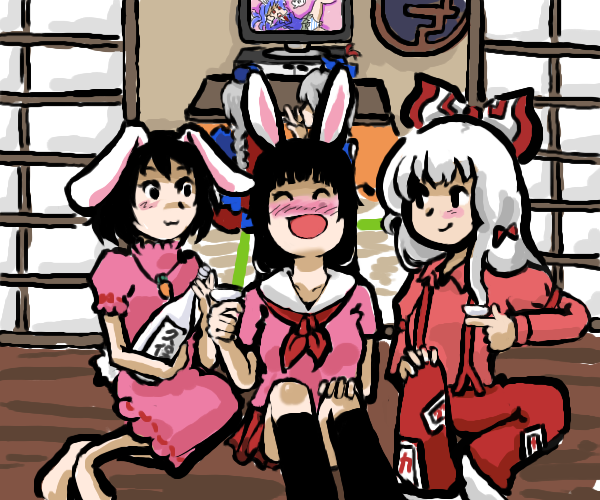 banitan, fujiwara no mokou, houraisan kaguya, inaba tewi, kamishirasawa keine, saigyouji yuyuko, yagokoro eirin, touhou, bad id, bad pixiv id, 5girls, :3, :d, ^ ^, alcohol, animal ears, asymmetrical clothes, black hair, blush, bow, cameo, closed eyes, dress, dress shirt, drunk, female focus, grey hair, hair bow, hat, large bow, long hair, long sleeves, multiple girls, open mouth, pants, pink dress, pointing, ponytail, rabbit ears, shirt, short hair, sitting, smile, suspenders, television, tokin hat, v, white hair