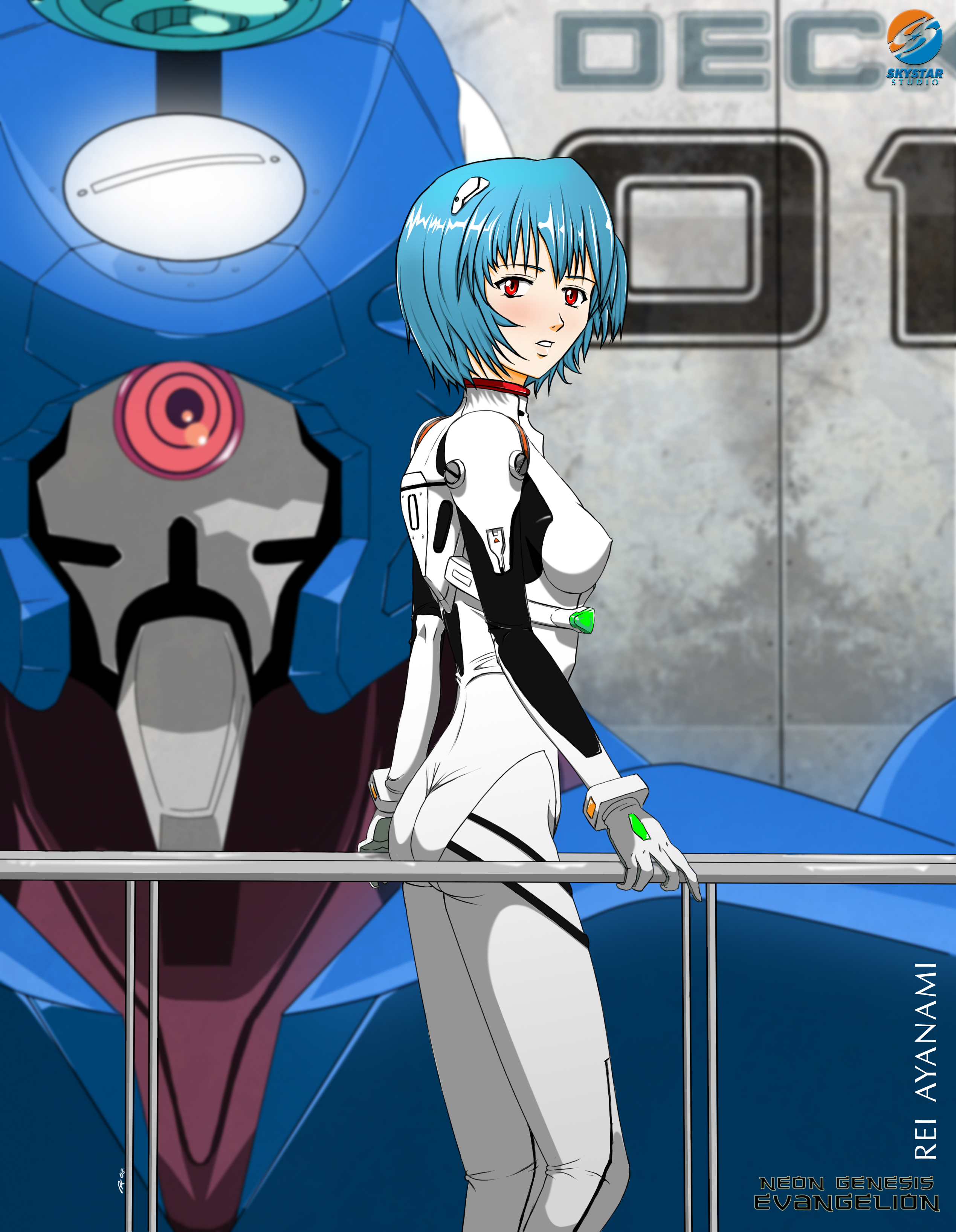 alex knight, ayanami rei, eva 00, neon genesis evangelion, absurdres, bad id, bad pixiv id, highres, 1girl, ass, blue hair, blurry, blush, bodysuit, bracer, breasts, character name, copyright name, covered erect nipples, cyclops, dated, depth of field, female focus, from side, gloves, indoors, kneepits, legs together, looking at viewer, looking back, mecha pilot suit, medium breasts, one-eyed, parted lips, plugsuit (evangelion), railing, red eyes, short hair, signature, skinny, solo, standing, turtleneck, watermark