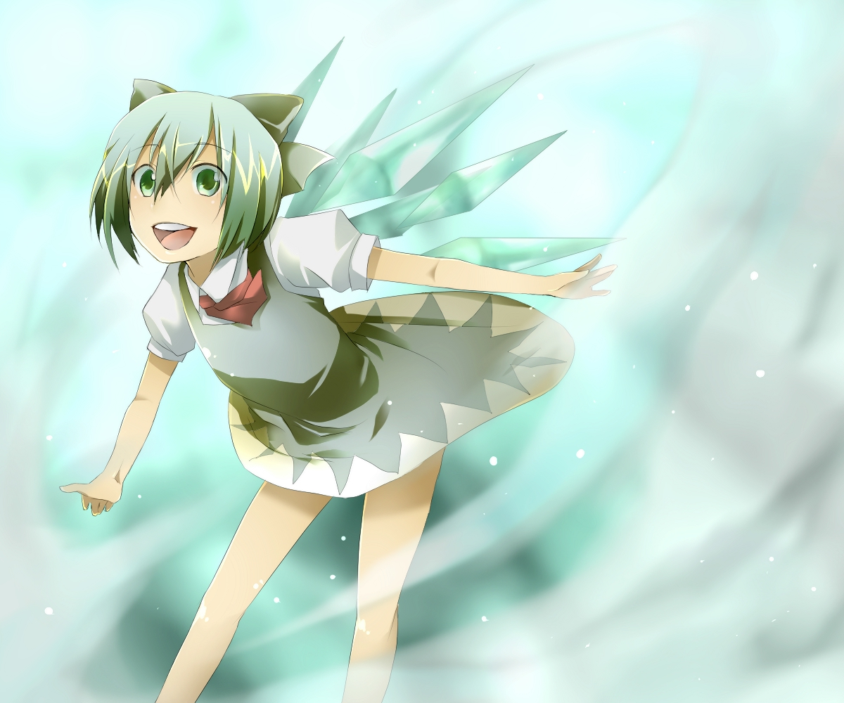 jingiruu, cirno, touhou, bad id, bad pixiv id, 1girl, :d, blue eyes, blue hair, blush, bow, dress, female focus, ice, ice wings, leaning forward, looking at viewer, matching hair/eyes, open mouth, puffy short sleeves, puffy sleeves, red ribbon, ribbon, round teeth, short hair, short sleeves, smile, solo, standing, teeth, wings
