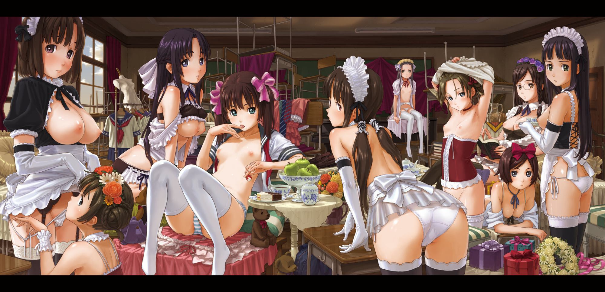 highres, tagme, 6+girls, black hair, blue eyes, blush, breasts, brown eyes, brown hair, classroom, glasses, green eyes, hat, long hair, maid, multiple girls, nipples, open clothes, open mouth, open shirt, panties, pantyshot, school, school uniform, shirt, short hair, sitting, underwear, white panties