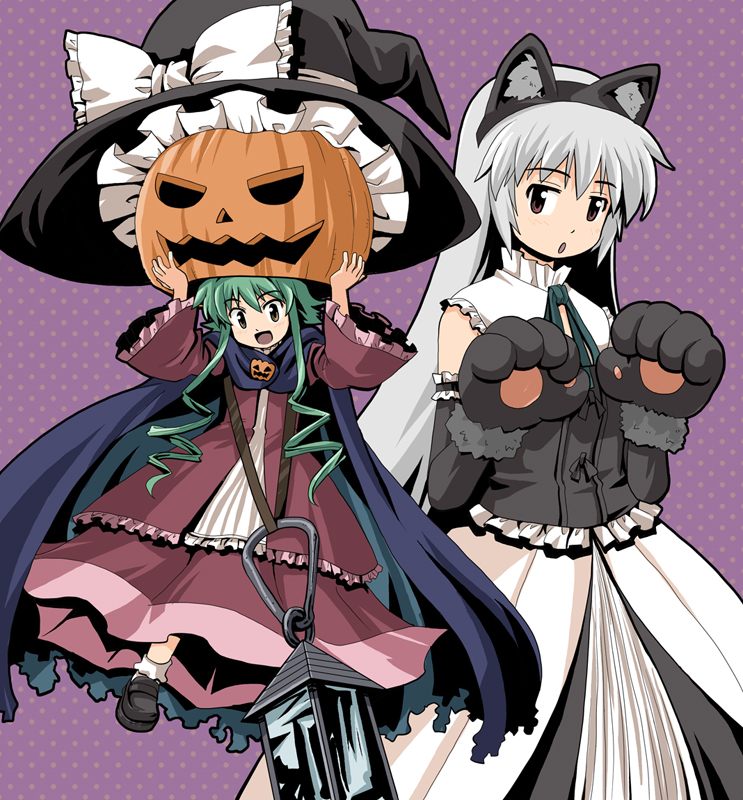 haniwa, haniwa (leaf garden), arioch (thought of dolls), maybell (thought of dolls), original, thought of dolls, touhou, 2girls, :d, :o, animal ears, animal hands, cat ears, cat paws, dress, fake animal ears, female focus, green hair, grey hair, halloween, hat, jack-o'-lantern, lantern, long hair, mini person, minigirl, multiple girls, open mouth, pumpkin, pumpkin hat, smile, witch hat